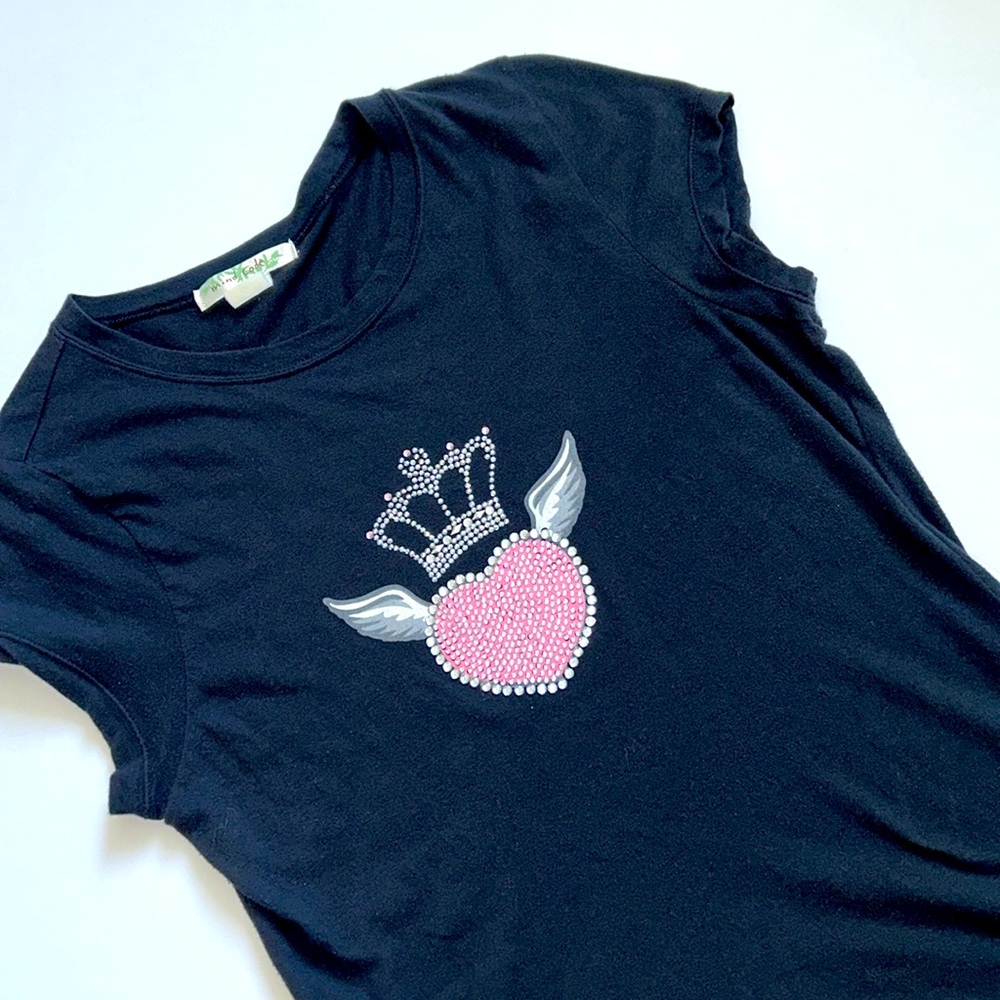 Y2K Mcbling angel wings heart and crown black slim fit tee